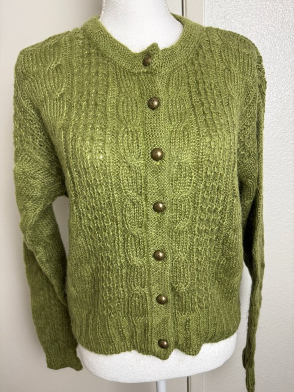 Vintage FORENZA Mohair Cardigan Sweater 50% Mohair 50% Acrylic Olive Green Sz S